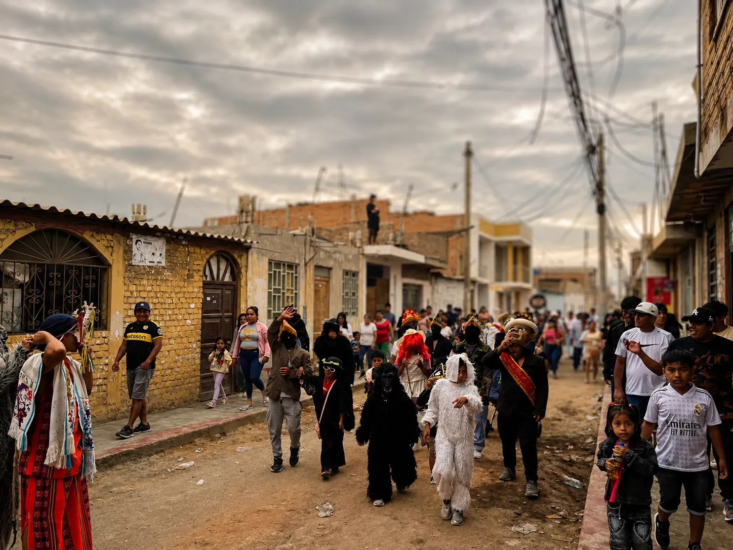 Grupo de personas avanza por una calle bajo un cielo nublado durante una celebración