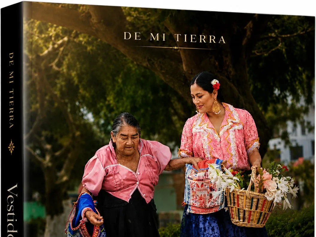 Dos mujeres monsefuanas con traje tradicional caminando con canastas de flores